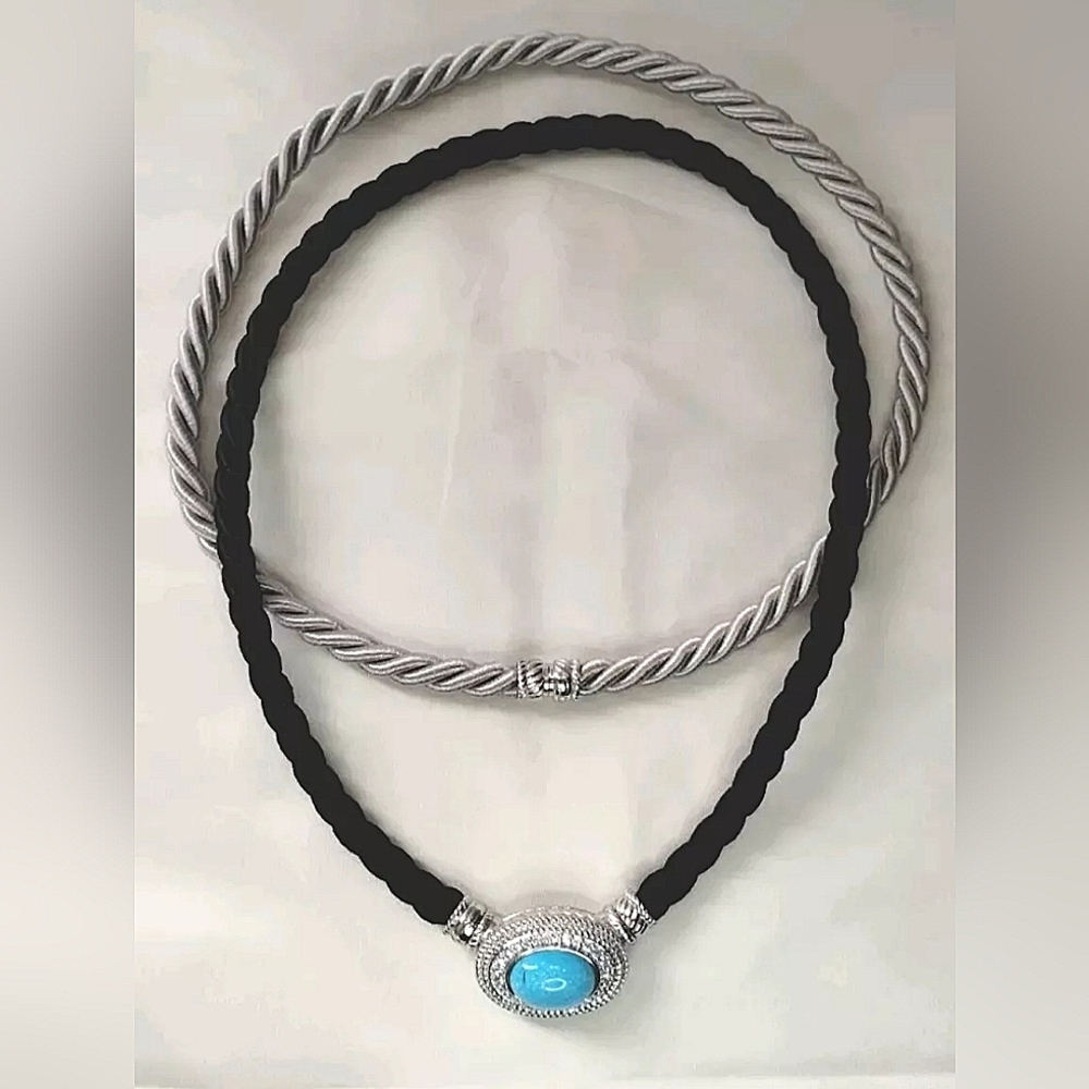 Judith Ripka Turquoise CZ 925 Sterling Silver Pendant Enhancer + 2 Cord Necklace